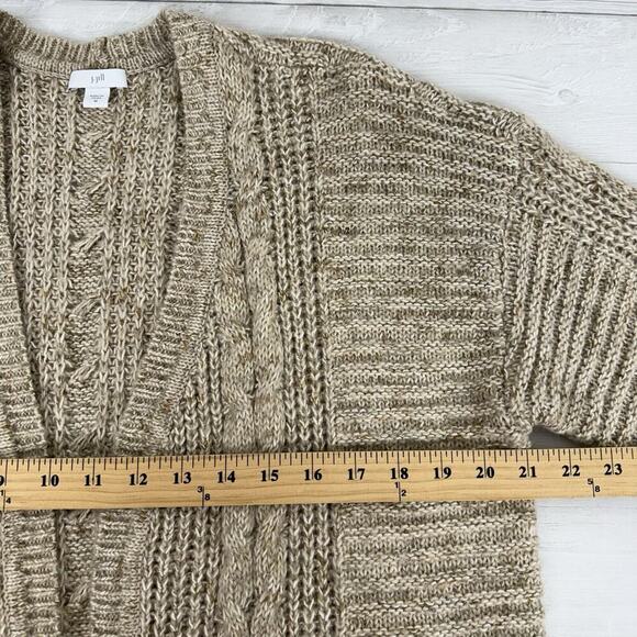 J.Jill Size M Long Cardigan Tan Open Front Cable Knit Lightweight Pockets Cotton - Picture 11 of 15